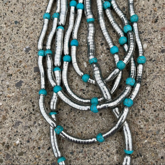 5 Strand Liquid Silver Turquoise Bold Necklace Southwest Style Statement Chunky - Picture 6 of 7